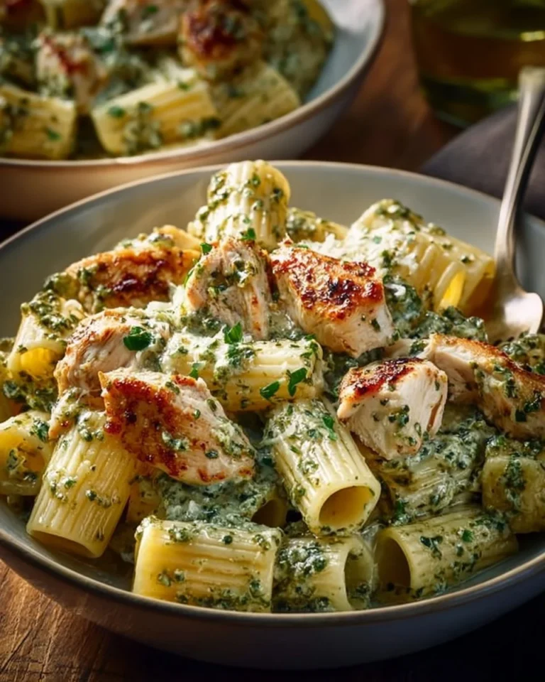 Creamy pesto chicken pasta bake served in a baking dish