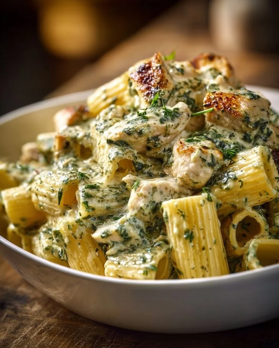 Creamy pesto chicken pasta bake in a casserole dish, garnished with fresh basil.