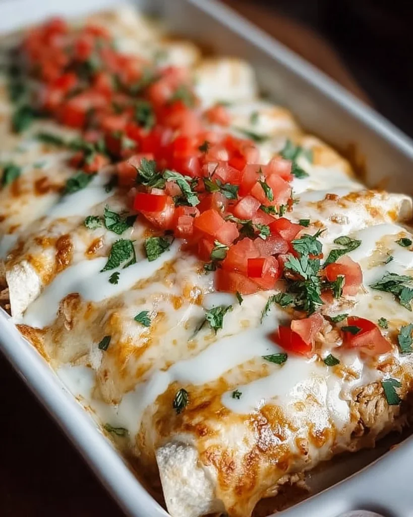 Creamy queso chicken enchiladas topped with cheese and herbs