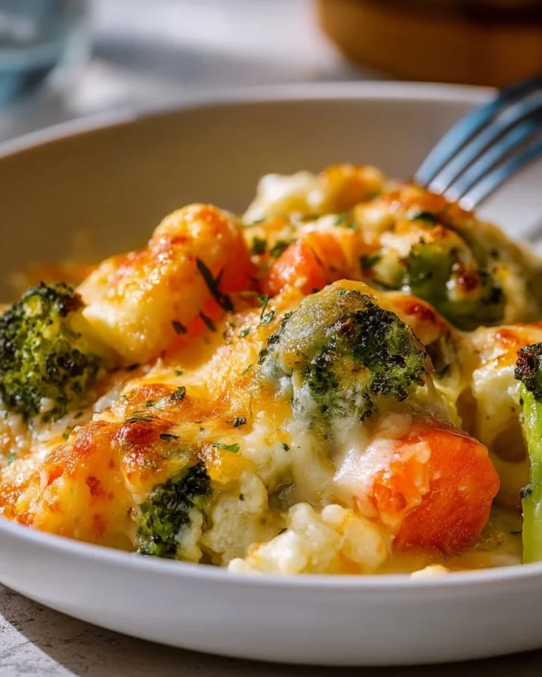 Creamy winter vegetable casserole fresh from the oven, filled with seasonal veggies.