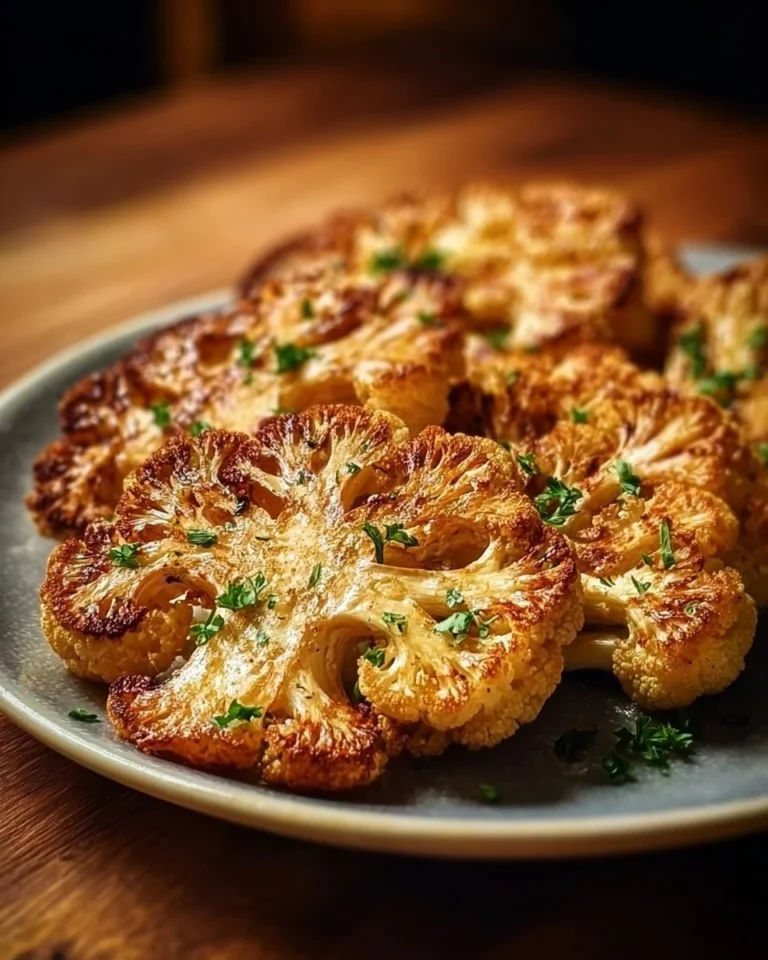 Crispy baked cauliflower steaks garnished with herbs and spices served on a plate