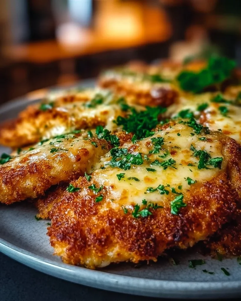 Crispy Baked Italian Parmesan Chicken garnished with herbs on a plate
