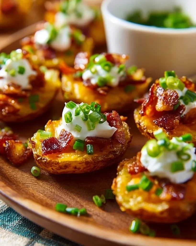 Plate of crunchy mini potato skins topped with cheese and green onions