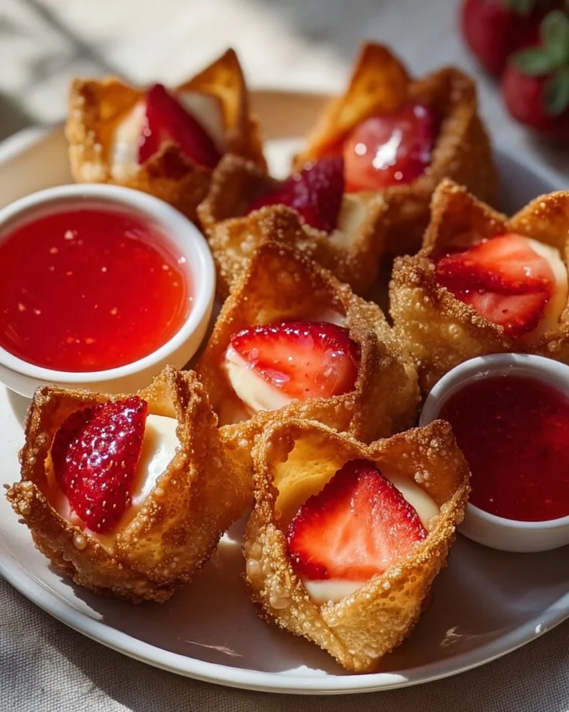 Deep-fried strawberry cheesecake wonton bites served on a plate