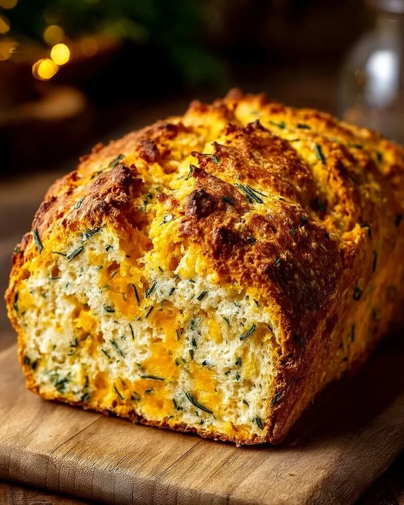 Freshly baked cheddar and herb soda bread loaf on a rustic wooden table