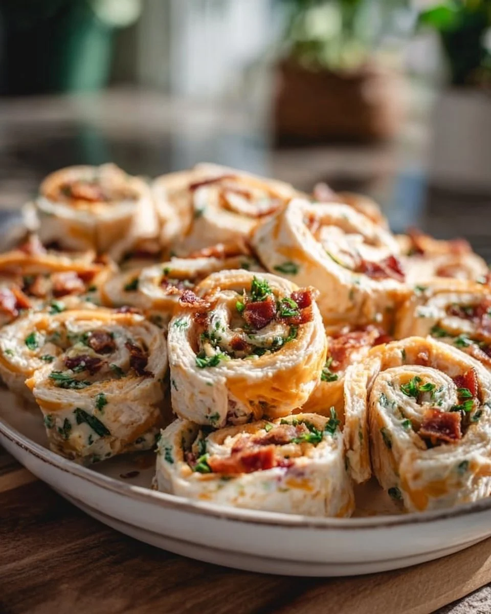 Delicious Chicken Bacon Ranch Pinwheels served on a platter.