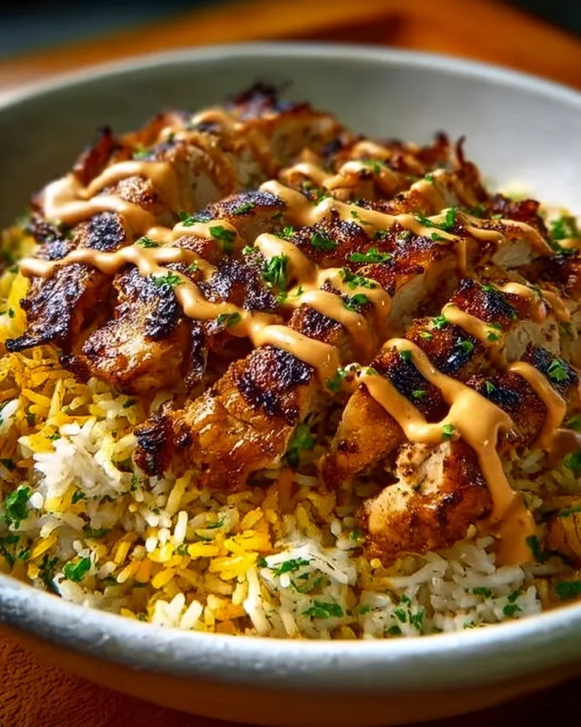 Bowl of Easy Creamy Cajun Chicken & Rice garnished with herbs