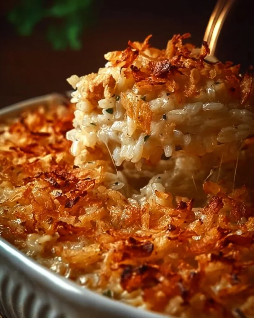 Easy French onion chicken rice bake topped with melted cheese and crispy onions.