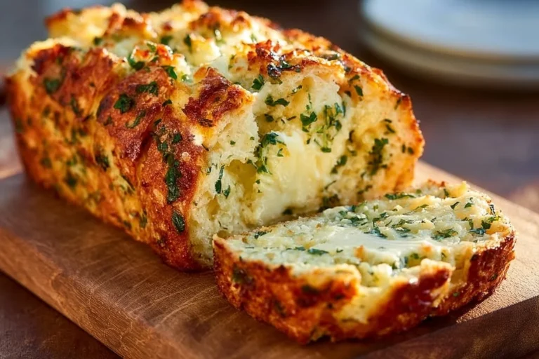 Freshly baked garlic herb cheese bread with a golden crust and melted cheese.
