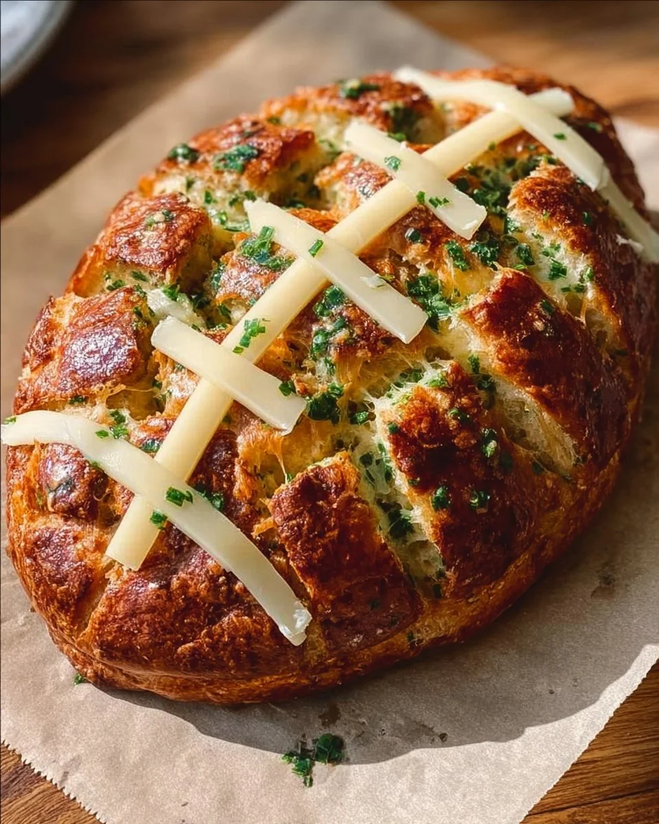 Football-shaped cheesy stuffed garlic pull apart bread fresh out of the oven.