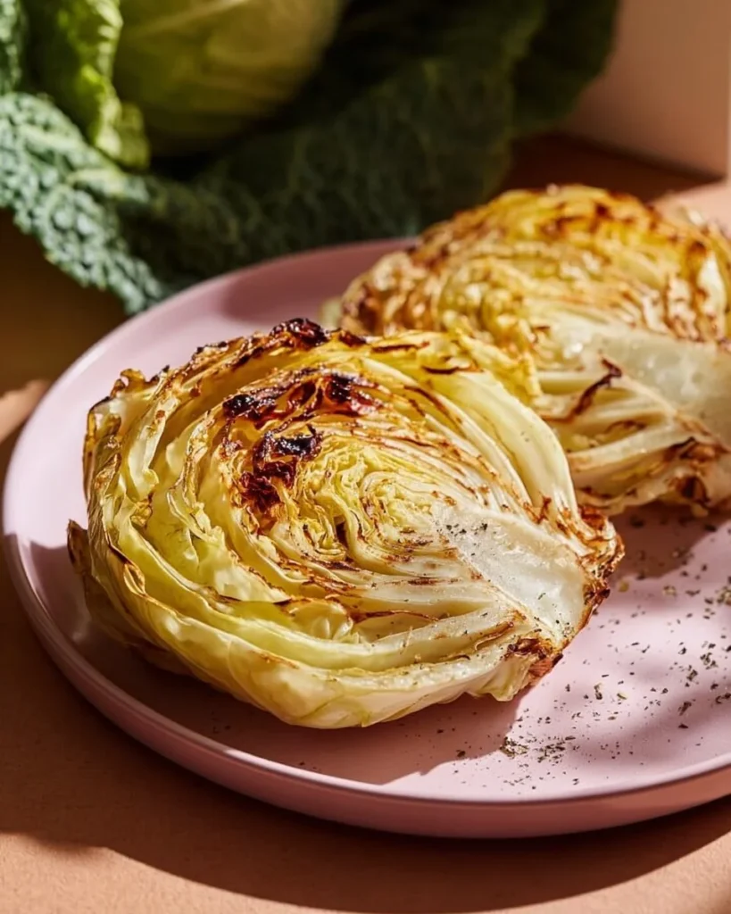 Oven roasted cabbage steaks seasoned with garlic and herbs, served on a plate.