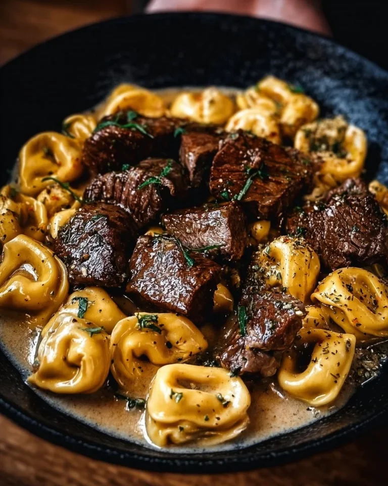 Delicious Garlic Steak Tortellini served with fresh herbs and garlic sauce