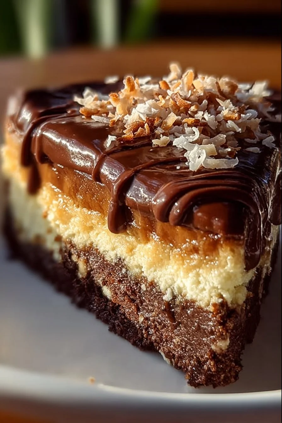 German chocolate brownie cheesecake topped with coconut and pecans