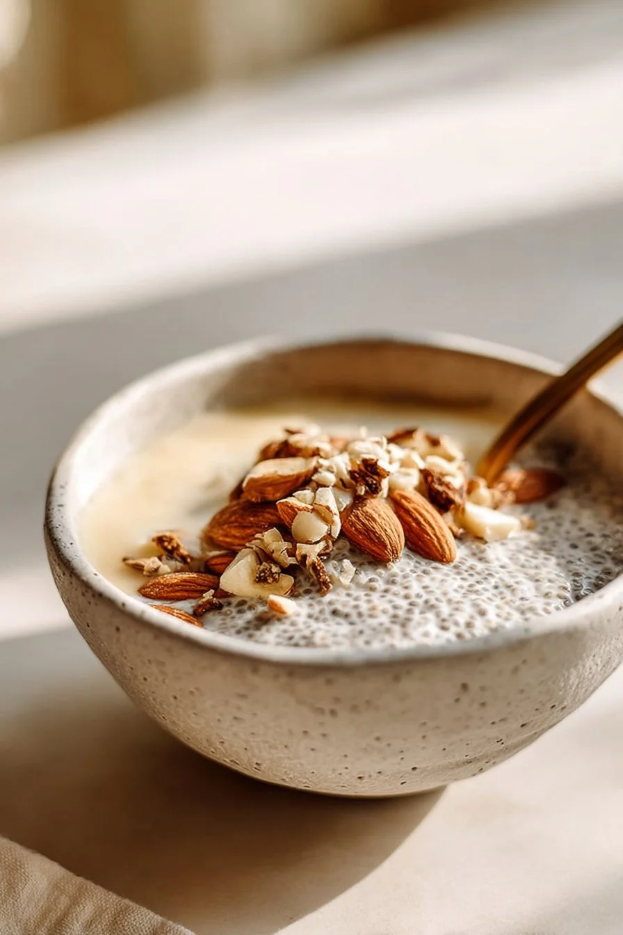 Gluten-free almond butter chia seed pudding in a glass with toppings
