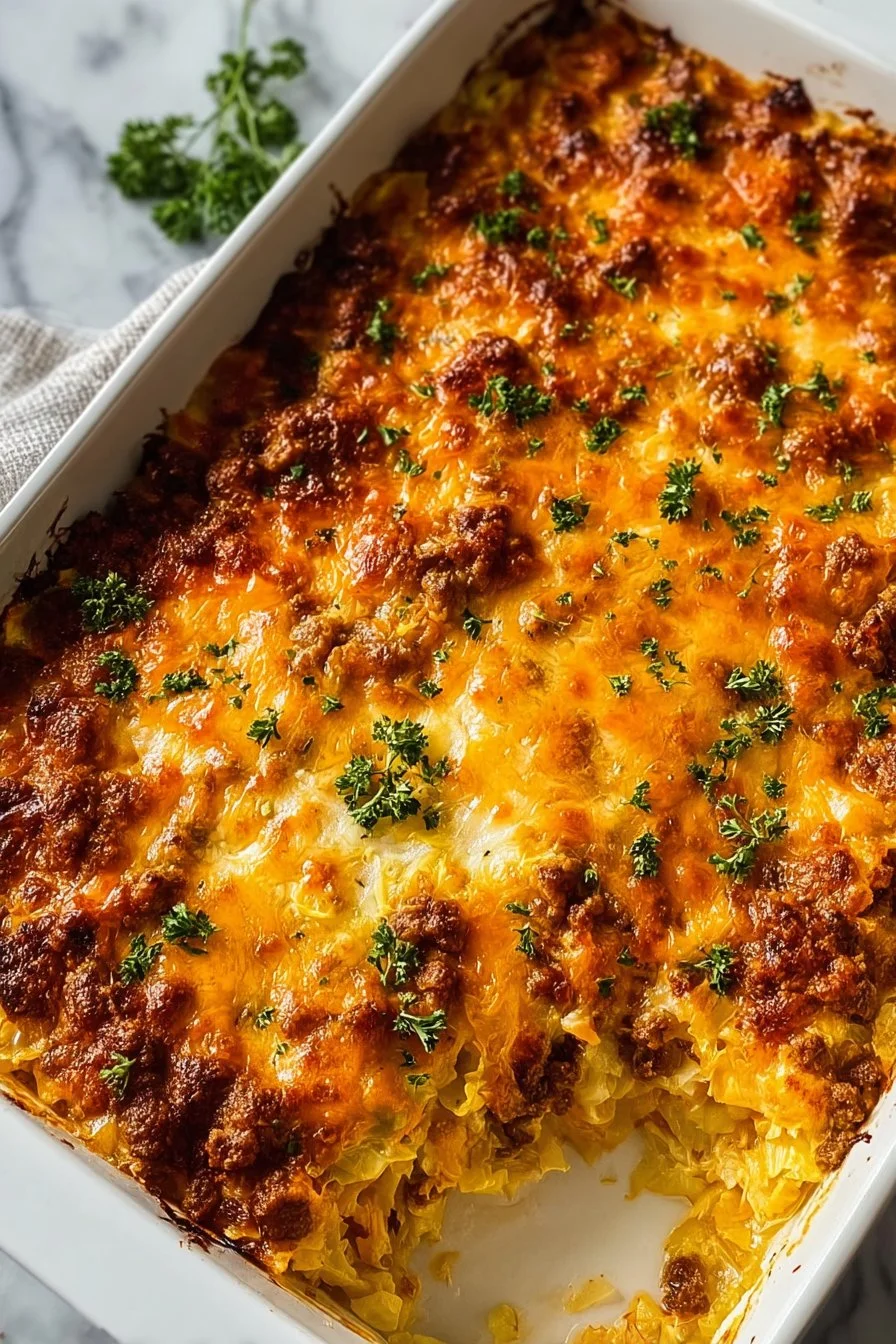 Homemade cabbage casserole with ground beef baked to golden perfection.