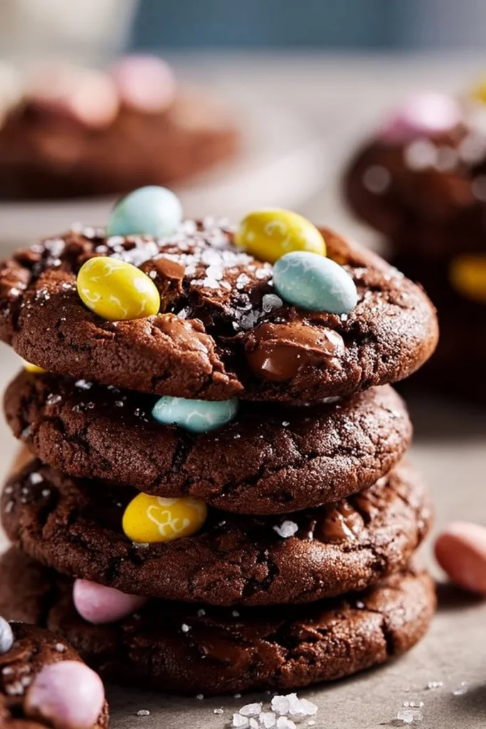 Homemade chocolate cookies topped with Cadbury eggs, delicious dessert treat