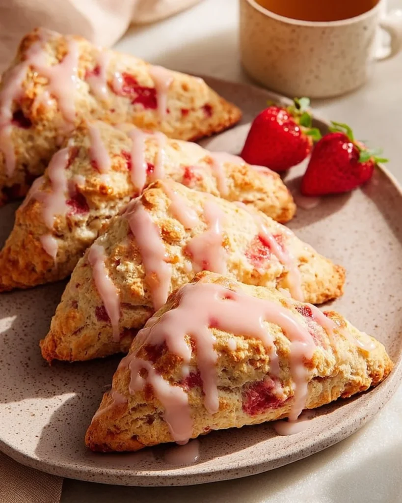 Delicious homemade strawberry scones with a fresh strawberry glaze topping.