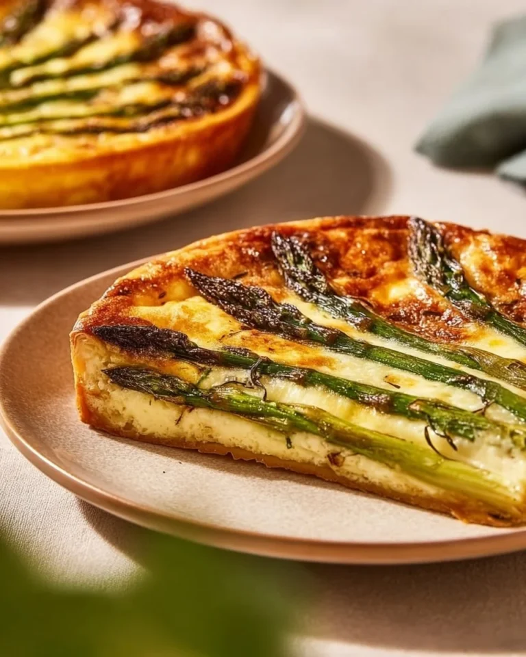 A slice of crustless asparagus quiche garnished with fresh herbs on a plate