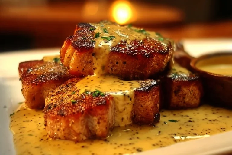 Maple bacon pork chops served with Dijon mustard cream sauce