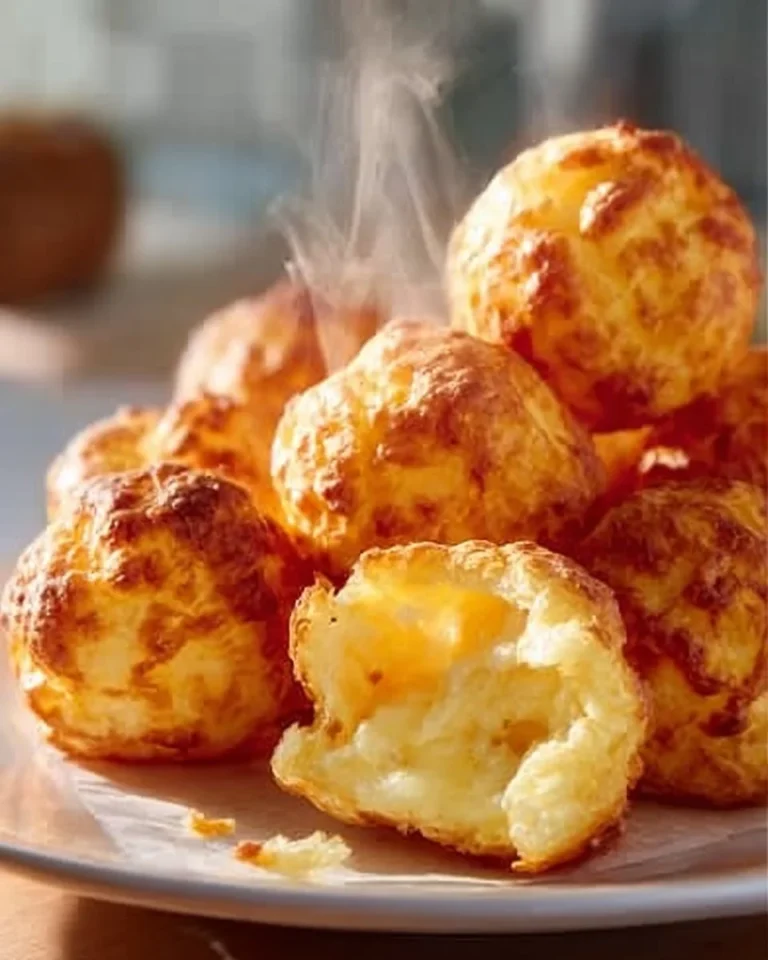 Golden brown mashed potato cheese puffs freshly baked and served on a platter.