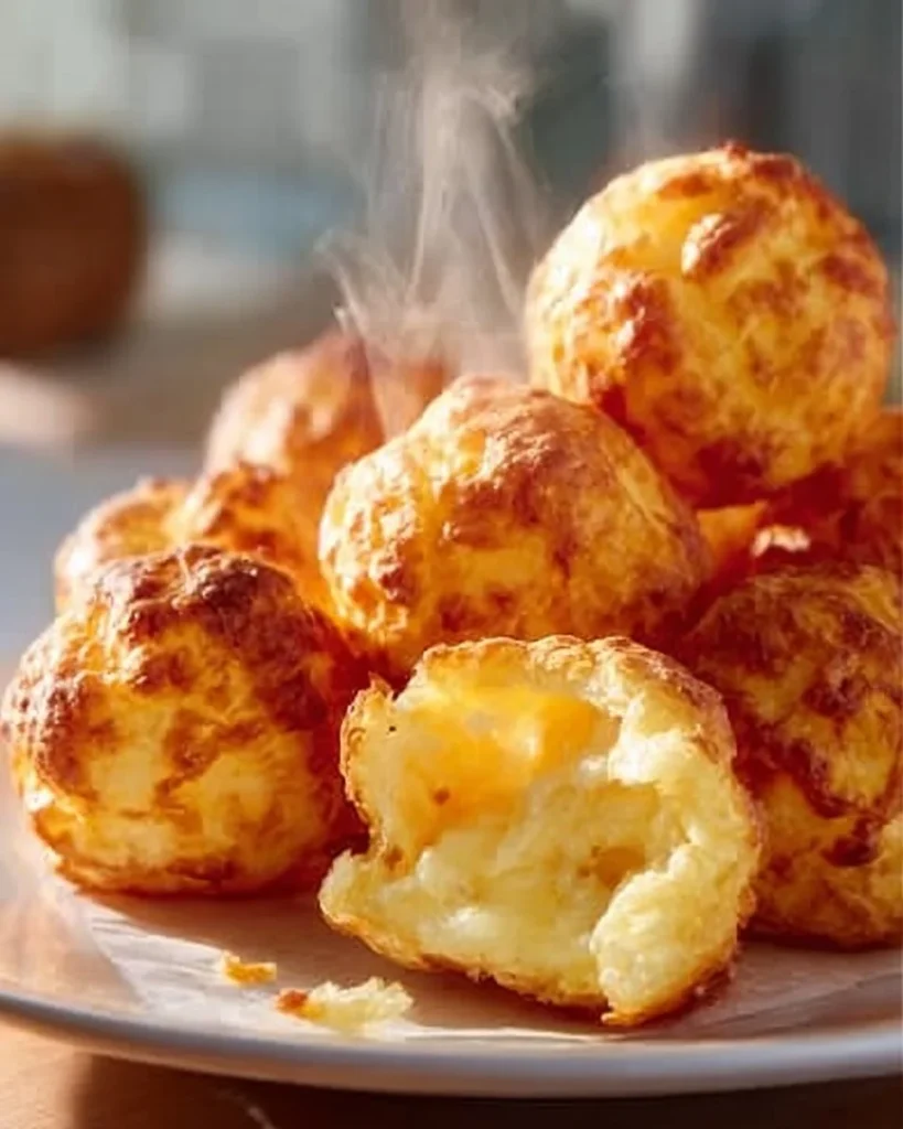 Golden brown mashed potato cheese puffs freshly baked and served on a platter.