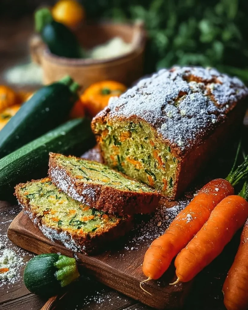 Delicious zucchini carrot bread topped with nuts and herbs, fresh out of the oven