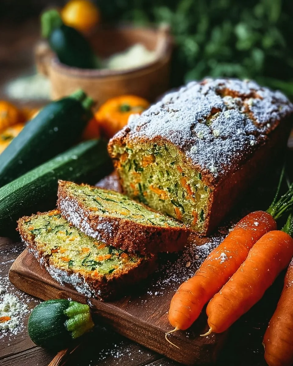 Delicious zucchini carrot bread topped with nuts and herbs, fresh out of the oven
