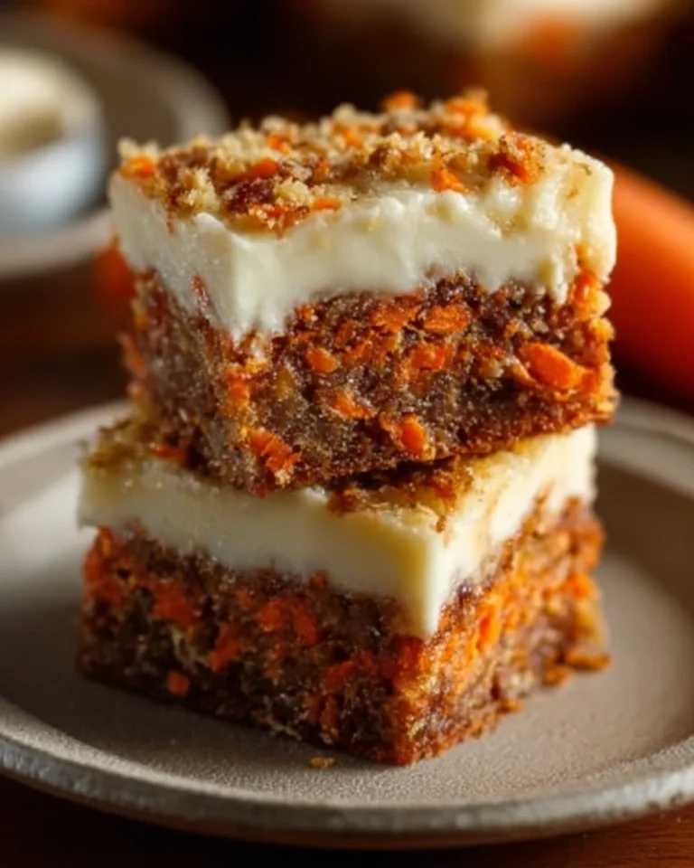 Irresistibly indulgent carrot cake cream cheese bars served on a plate