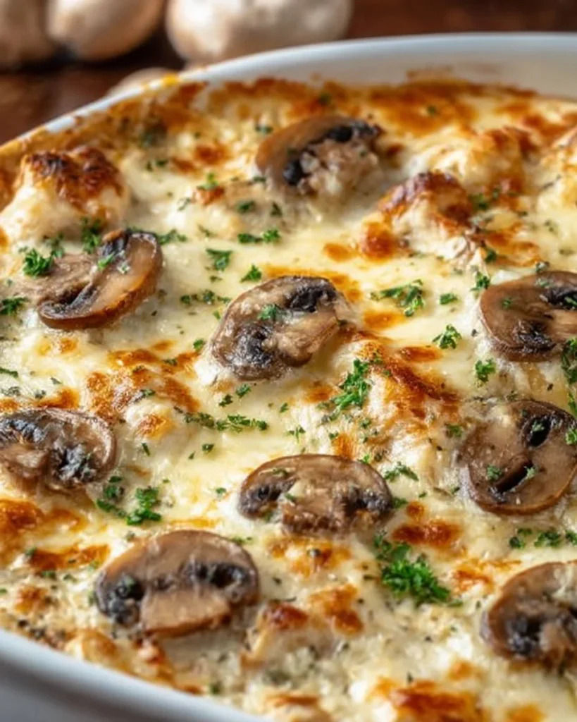 Keto Garlic Mushroom Chicken Casserole topped with herbs and cheese