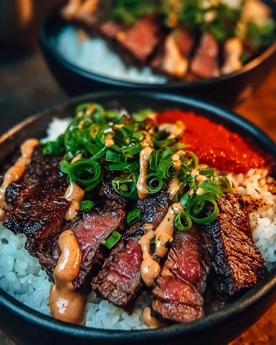 Delicious Korean BBQ steak bowls served with fresh vegetables and rice