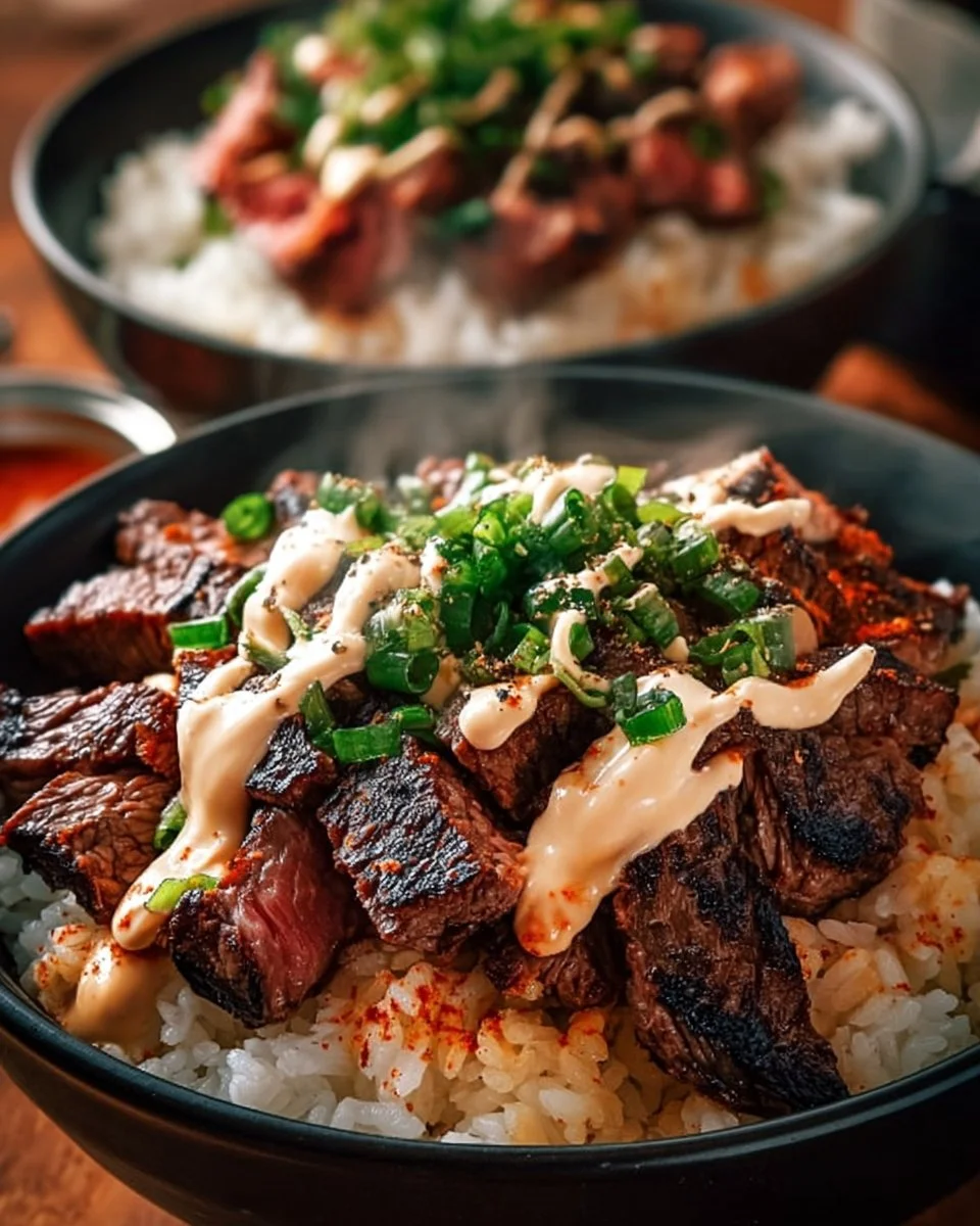 Korean BBQ steak rice bowl drizzled with spicy cream sauce