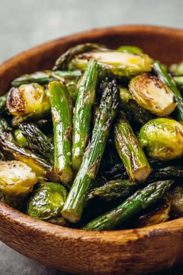 Low carb roasted asparagus and Brussels sprouts dish on a plate