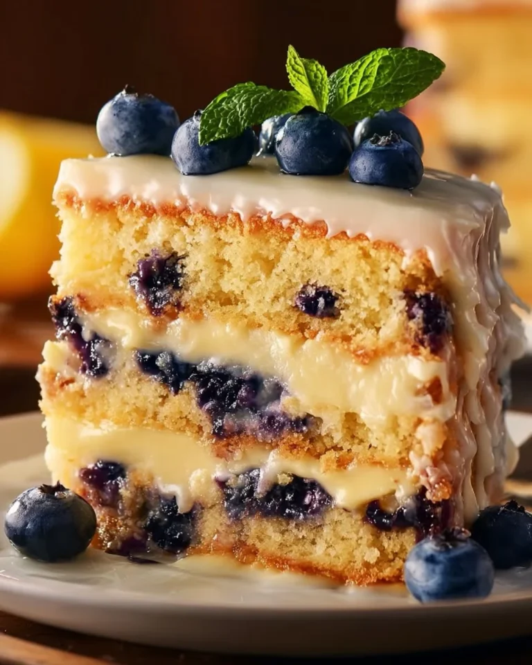 Slices of luscious lemon blueberry layer cake topped with fresh blueberries