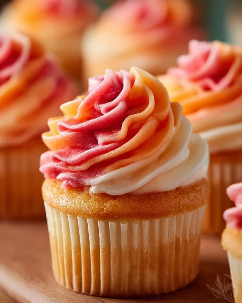 Mango Strawberry Sunset Cupcakes with vibrant fruit toppings