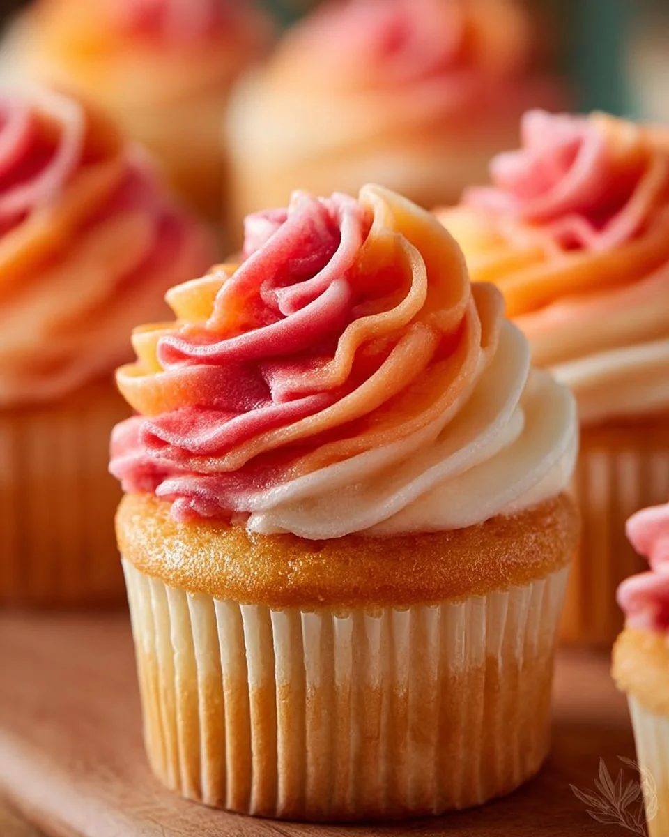 Mango Strawberry Sunset Cupcakes with vibrant fruit toppings