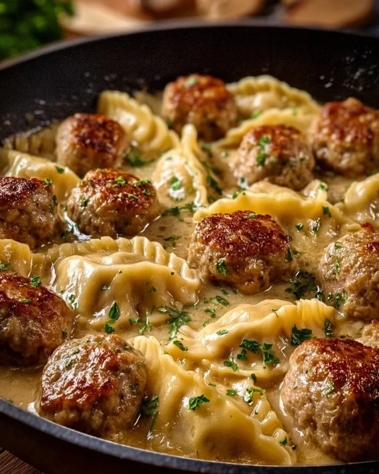 One skillet pierogi and meatball dish served in a pan