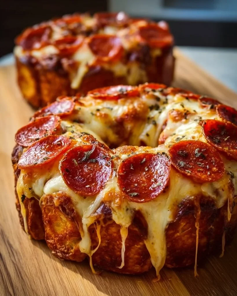 Pepperoni Pizza Monkey Bread served on a wooden platter with fresh herbs