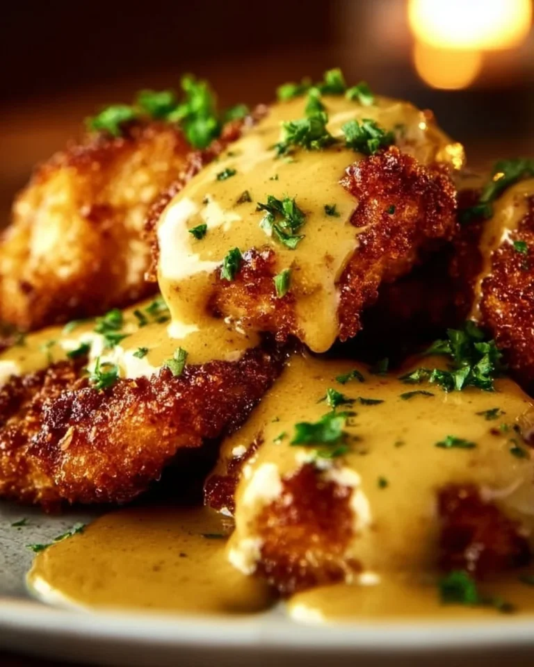 Plate of Pretzel Chicken with Mustard-Cheddar Sauce garnished with herbs