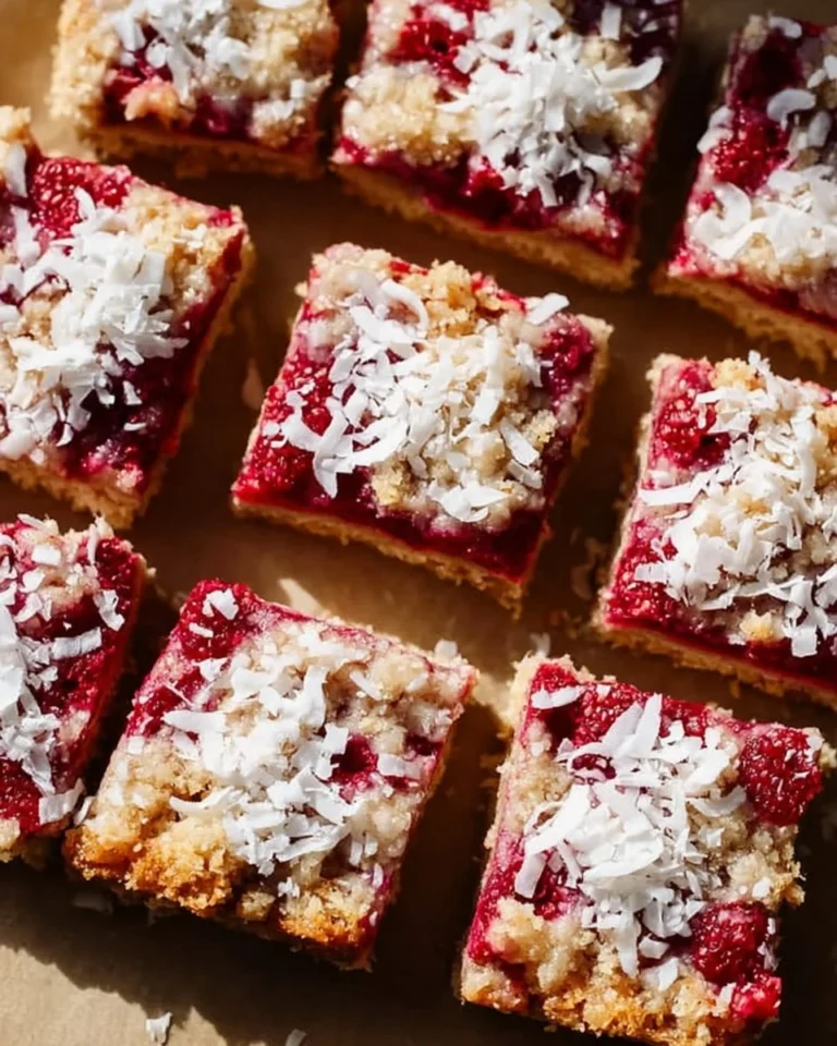 Delicious Raspberry Coconut Magic Bars on a plate, perfect for dessert lovers.