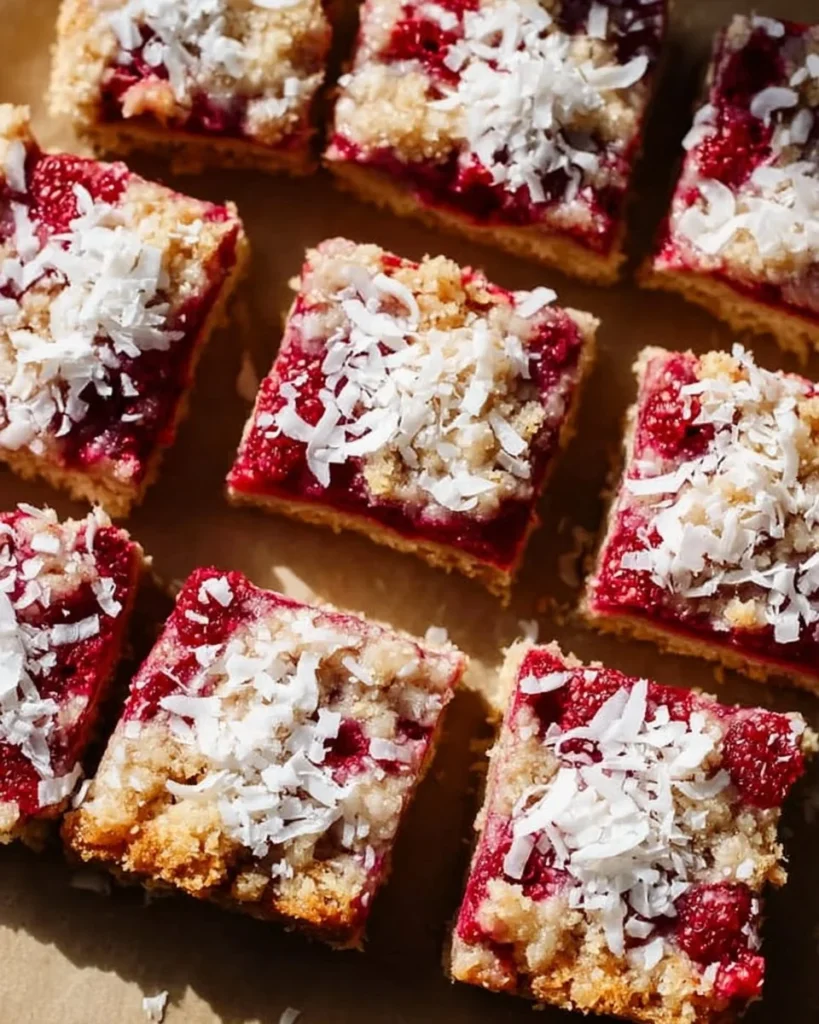 Delicious Raspberry Coconut Magic Bars on a plate, perfect for dessert lovers.