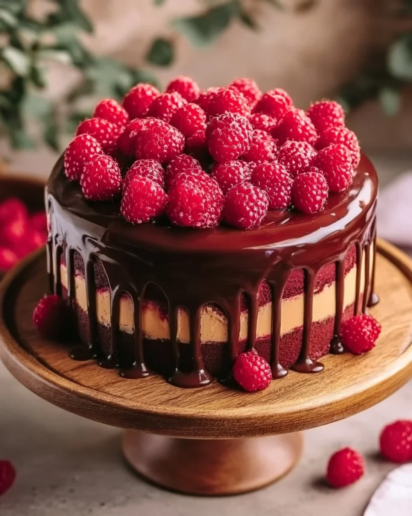 Raspberry Ruby Chocolate Drip Cake with rich chocolate and raspberry toppings