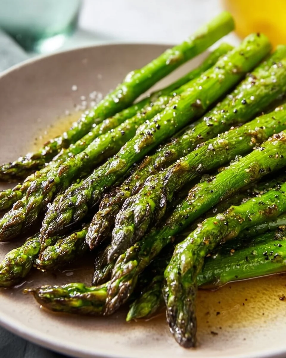Roasted baked asparagus with olive oil, a healthy side dish on a plate.