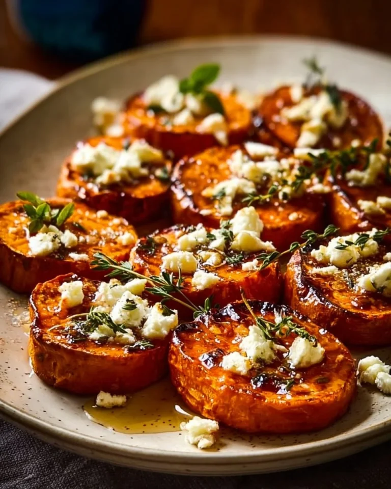 Roasted sweet potato rounds topped with honey and feta cheese.