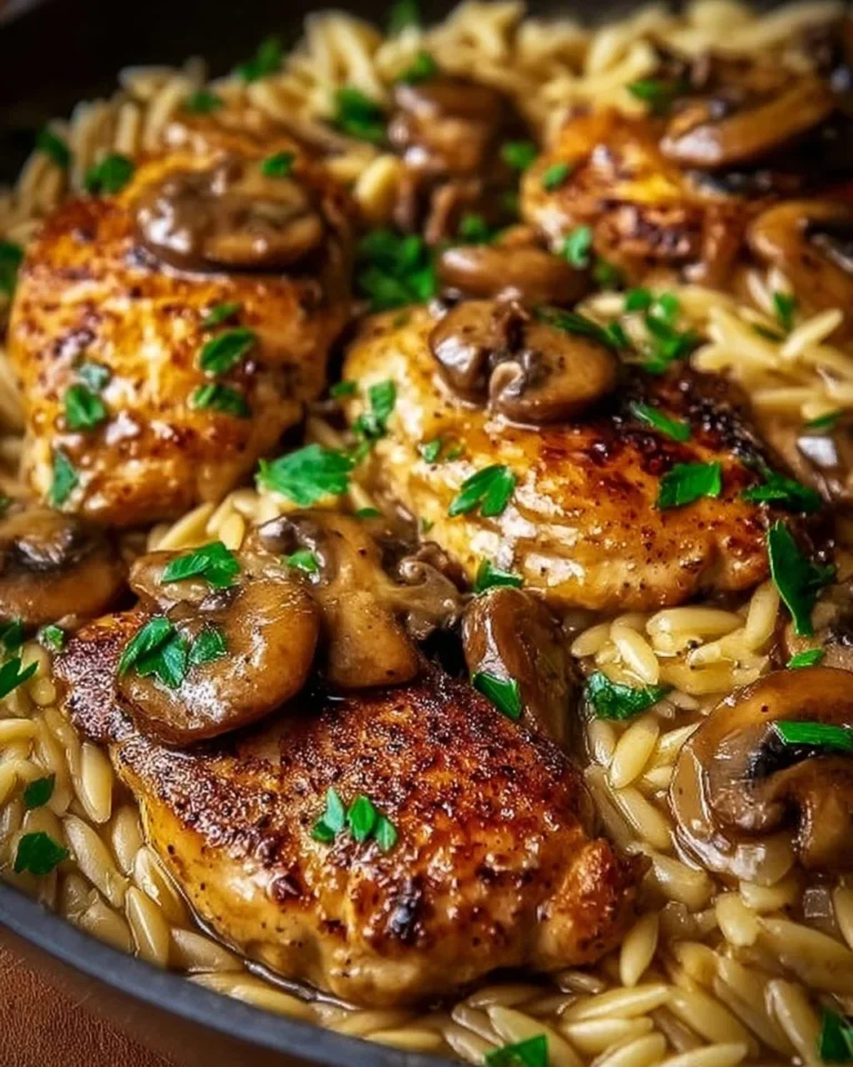 Savory Marsala Chicken served with creamy orzo for a delicious dinner