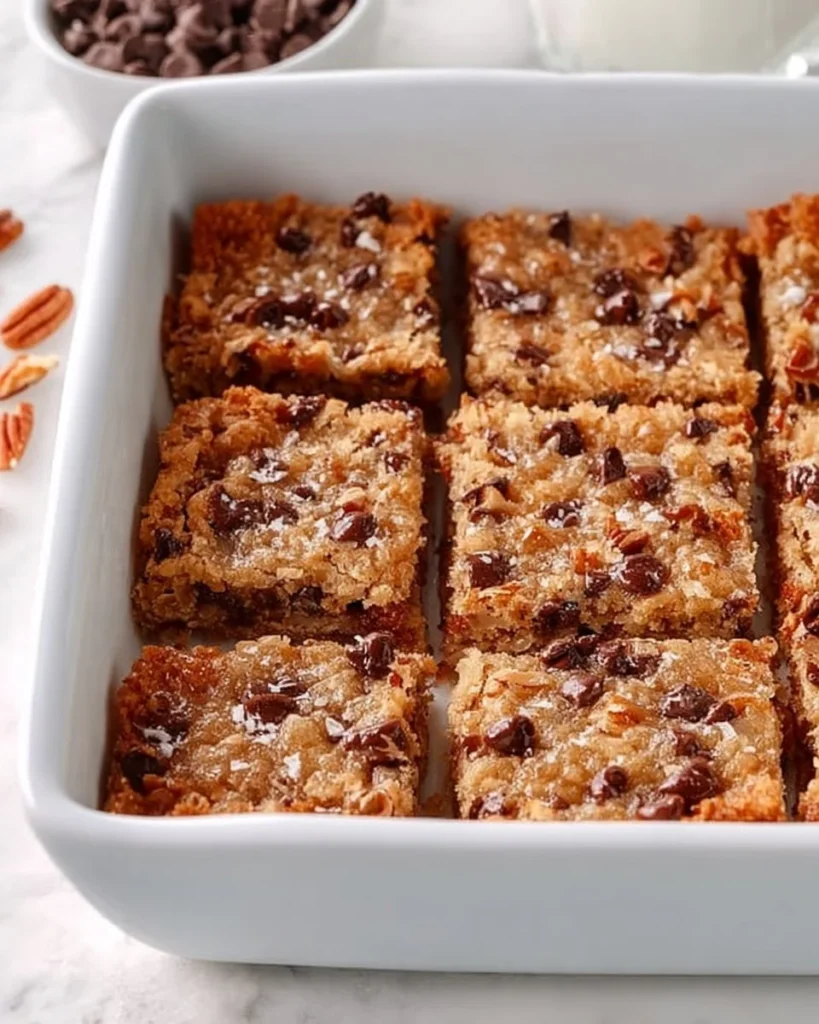 Delicious simple German chocolate cookie bars with nuts and coconut topping