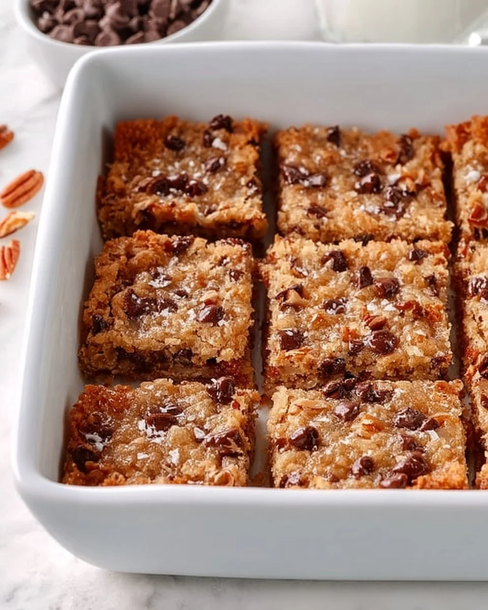 Delicious simple German chocolate cookie bars with nuts and coconut topping