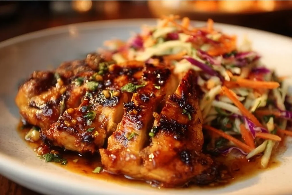 Sticky Apple Cider Chicken served with Autumn Slaw on a rustic plate