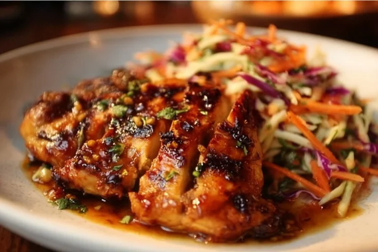 Sticky Apple Cider Chicken served with Autumn Slaw on a rustic plate