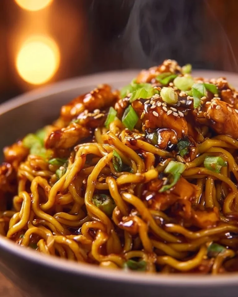 Plate of sticky garlic chicken noodles garnished with green onions and sesame seeds.