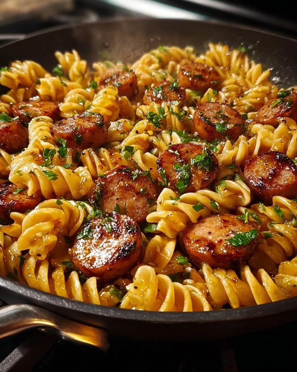 Sticky Honey Garlic Sausage Pasta Skillet with fresh herbs and ingredients